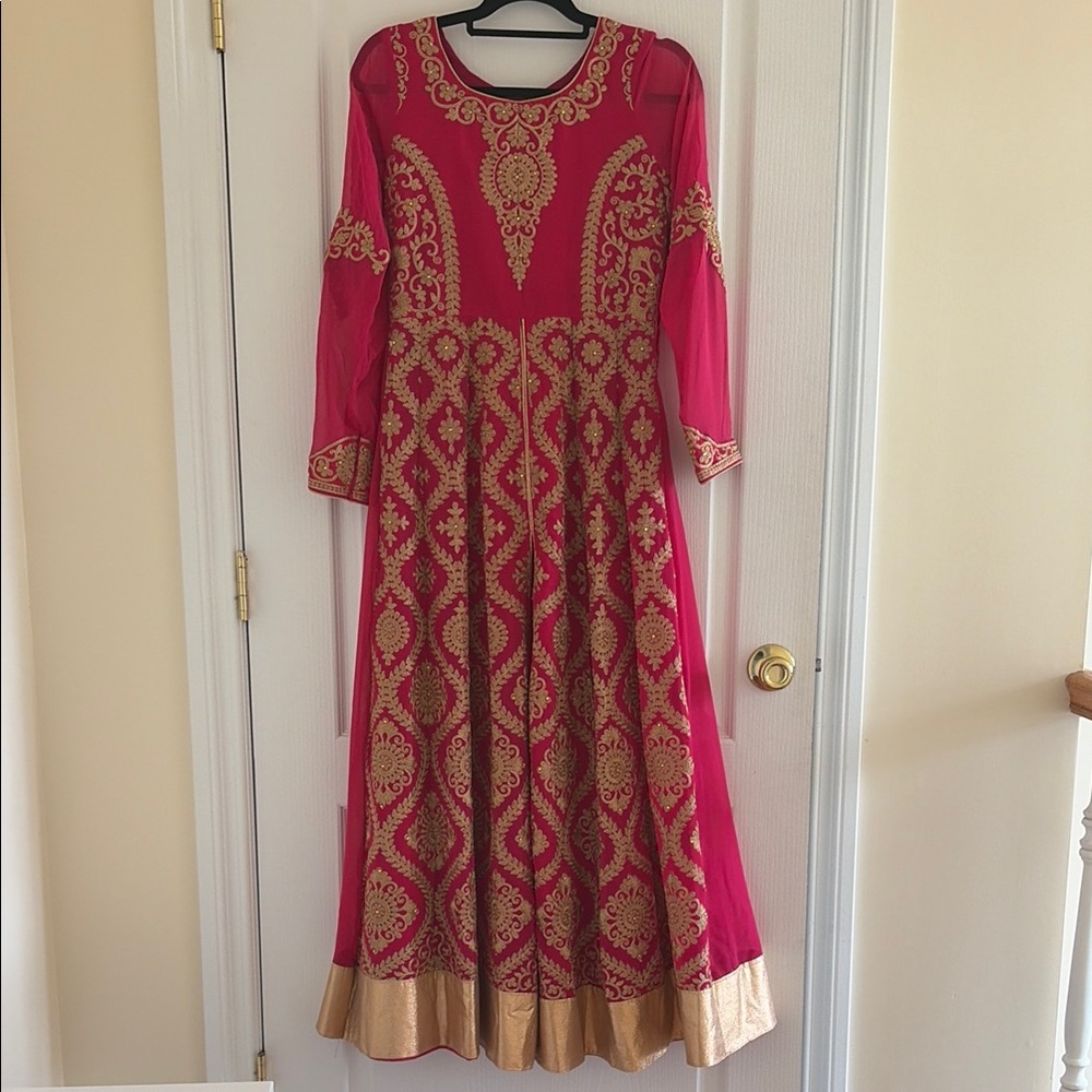 Elegant Women's Pink and Gold Embroidered Anarkali Dress